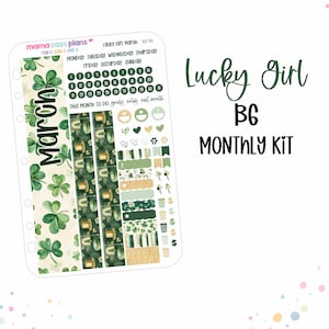 May include: A planner sticker sheet with a St. Patrick's Day theme. The sheet includes shamrocks, green and gold accents, and the text "March" and "Lucky Girl B6 Monthly Kit."