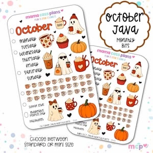 May include: Two sheets of planner stickers featuring autumn themes with the text October Java Monthly Bits. Designs include ghosts, pumpkins, cupcakes, and coffee mugs with dates 1 through 31. The stickers are white with orange and brown accents.