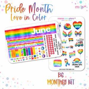 May include: A B6 monthly kit with a Pride Month theme. The kit includes stickers with rainbow designs, hearts, flags, and the text "Love in Color." The kit also features the text "June" and "Pride Month."