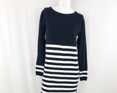 Vintage Breton Stripe Dress 90s Striped Navy Sweater Dress XS S M
