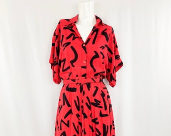 80s Squiggle Print Shirt Dress || Vintage Dolman Sleeve Midi Dress || Small
