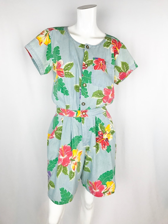 80s Floral Chambray Romper || Vintage Hawaiian Pri