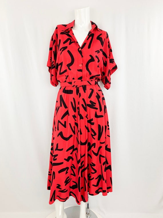 80s Squiggle Print Shirt Dress || Vintage Dolman S