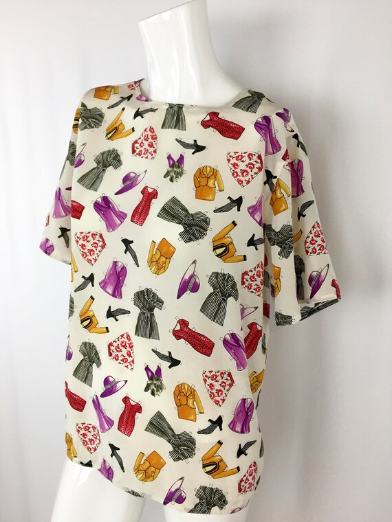 Vintage Silk Novelty Print Blouse || 90s Paper Dol