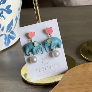 Funky Elephant Dangle Earrings: Pink Heart Studs, Faux Pearl