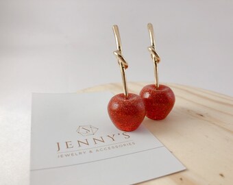 Red Resin Cherry Earrings: Silver 925 Post Studs