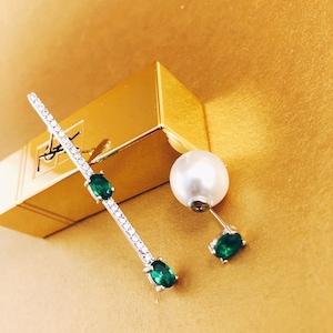 Mismatch silver tone long stick rhinestone with statement green rhinestone with faux pearl & green rhinestone double side stud/ post earring