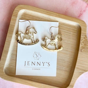 Gold dangle rocking horse earrings/ rocking horse earrings/ hypoallergenic horse earrings/ gold dangle earrings/ hook dangle earrings