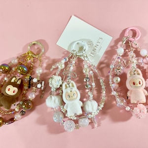 Mini zimomo labubu keychain, purse charm, phone chain/ brown dinosaur labubu keychain/ labubu wristlet/ labubu phone wrist strap, bag charm