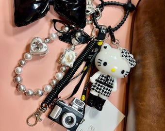 H Kitty Keychain: Black and White Acrylic doll Charm with black Bow