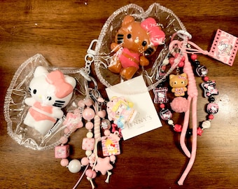 Squishy HK Kitty Cat Bundle Keychain: pink bikini HK in bag Bag Charm, Purse Charm, Squishy Charm