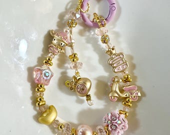 Lucky New Year Kitty Keychain: Gold Metal Purse Charm, Lucky Phone Chain