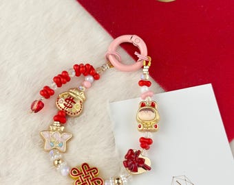 Lucky charm keychain for Lunar New Year and all other occasions / Oriental phone charm / Oriental keychain / glod and red keychain