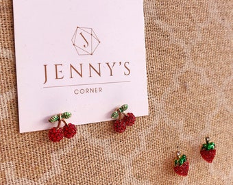 Red CZ Cherry Sterling Silver Stud Earrings