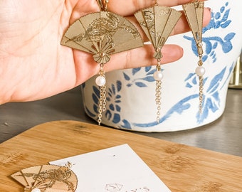 Gold Plated Folding Fan Earrings - Oriental Style, Hypoallergenic