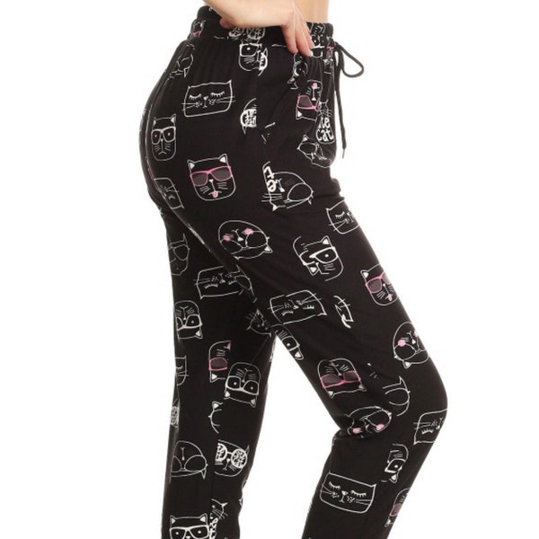 Black Kitty Cat Buttery Soft Lounge Pajama Jogger Pants. Leggings. Lightweight Leggings. Pants. Cat Mom Valentines Day Gift Gifts for Her