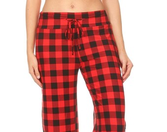 Red Black Buffalo Plaid Christmas Holiday Valentine Wide Leg Buttery Soft Lounge Pajama Pants Leggings Valentines Day Gift Gift for Her