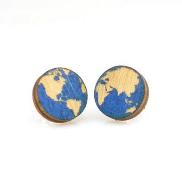 Earth Globe Planet Celestial Wooden Stud Earrings