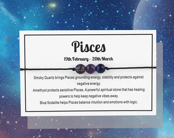 Pisces Constellation Theme Rope Bracelet With Message Card Healing Crystal Beaded Bracelet Horoscope Jewelry Birthday Yoga Reiki Gifts