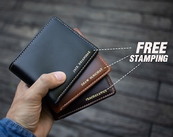Cartera de cuero personalizada, cartera de hombre, nombre de estampado gratuito, cartera de cuero minimalista, cartera de cuero delgado, regalos de padrinos