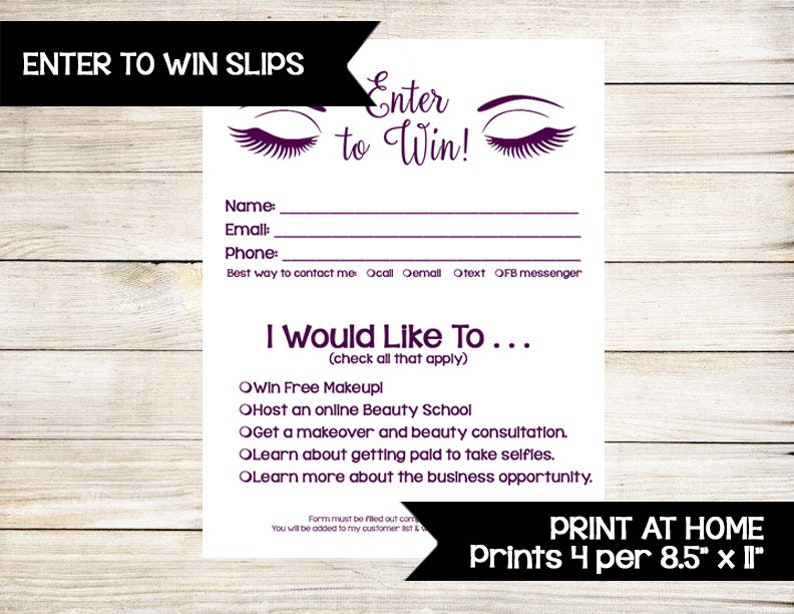 Younique Enter To Win Door Prize Drawing Slip Raffle Ticket Contest Form Direct Sales Vendor Event Guest Survey Lashes