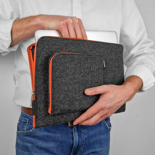 FILZTASCHE LAPTOPTASCHE dunkel grau Filz orange Reissverschluss Macbook und Laptop Schutzhulle extrafach fur Netzkabel