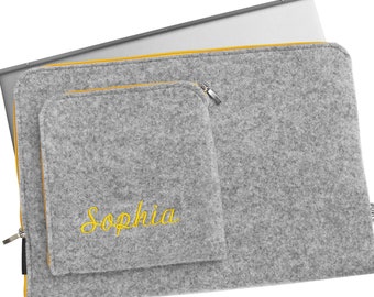 PERSONALISED MacBook Felt Sleeve Monogram or Name Embroided on Front Pocket Laptop Case with Yellow Zipper Perfect Customisable Gift