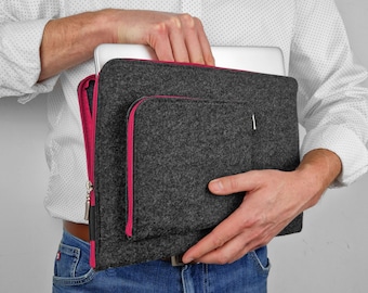 MACBOOK TASCHE Filz Laptoptasche Schutzhulle dunkel grau Filz rosa Reissverschluss