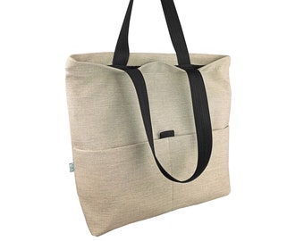 TOTE BAG Shoulder Bag Beige Fabric Zipper Closed Bag with Pockets Cotton Lining Daily Use Big Bag