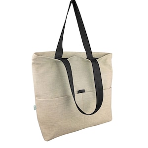 TOTE BAG Shoulder Bag Beige Fabric Zipper Closed Bag with Pockets Cotton Lining Daily Use Big Bag