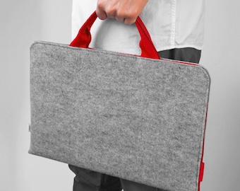 LAPTOP FELT CASE with handle MacBook sleeve light grey felt red zipper red hands all sizes customisable perfect gift for him