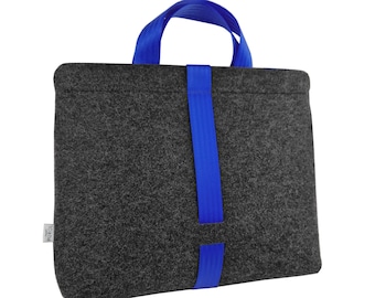 BLUE CAR BELT Strap Dark Grey Felt Laptop Bag Male Shoulder Bag with Blue Zipper Takes 15 inch Laptop