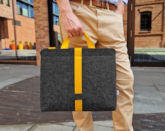 YELLOW CAR BELT Strap Laptop Bag Shoulder Unisex Bag Dark Grey Felt Zipper Closed Handbag Takes 15 inch Laptop