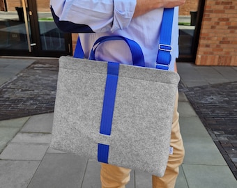 SAC À BANDOULIÈRE EN FEUTRE Sangle de ceinture de voiture bleue Sac pour ordinateur portable en feutre gris avec fermeture à glissière bleue Sac à bandoulière pour homme