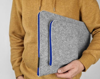 FELT LAPTOP COVER 01 macbook sleeve tablet, 13, 15 and 17 inch laptop all sizes avaliable gray cover with blue zipper mens gift