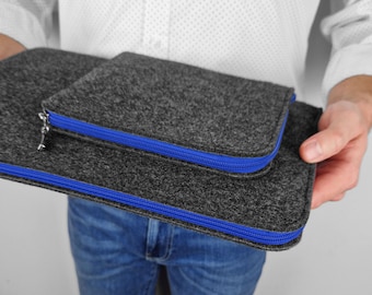 MACBOOK SLEEVE laptop cover dark gray felt blue zipper extra pocket for wires all sizes MacBook Air 13 M3, Pro 14 M4 case and other laptops