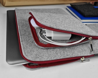 LAPTOP SLEEVE Gray Felt MacBook Case with Charger Pocket Maroon Zipper All Sizes Customisable MacBook Air, Macbook Pro, 13 inch, 15 inch