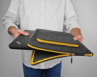 FELT LAPTOP COVER 02 macbook sleeve dark gray felt with yellow zipper all sizes avaliable from small tablets up to 15, 17 inch gifts for men