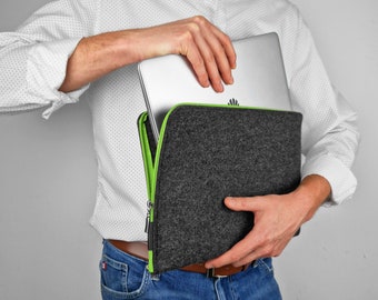FILZ LAPTOPHÜLLE 02 grüner Reißverschluss MacBook Laptop alle Größen MacBook Air 13 2020 M1 Laptophülle dunkelgrau einzigartiges Herrengeschenk, Freundgeschenk