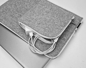 MACBOOK SLEEVE laptop cover gray felt white zipper extra pocket for wires all sizes MacBook Air, Pro 13 and 15 inch laptops mens gift