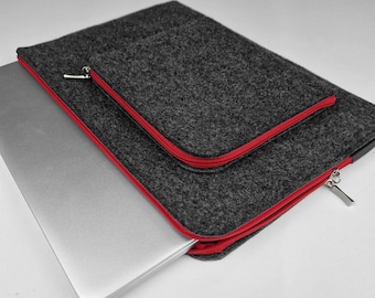 FELT LAPTOP SLEEVE MacBook Cover Dark Gray Felt Red Zipper Extra Charger Pocket All Sizes Customisable boyfriend gift