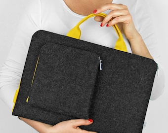 DARK GREY FELT Laptop Sleeve Yellow Handle and Zipper MacBook Case all sizes all models customisable cover for your laptop