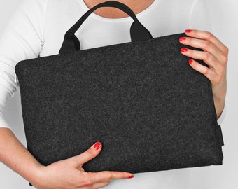 BLACK ZIPPER Laptop sleeve with handle dark grey MacBook case all sizes all laptops customisable felt sleeve with hands perfect gift