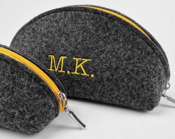 DARK GREY FELT Dumpling Personalised Pencil Case Small Pouch with Monogram and Colour Zipper