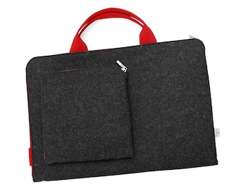 FELT MACBOOK SLEEVE with hands dark gray cover red zipper extra pocket for charger customisable handmade gift all sizes all MacBooks models