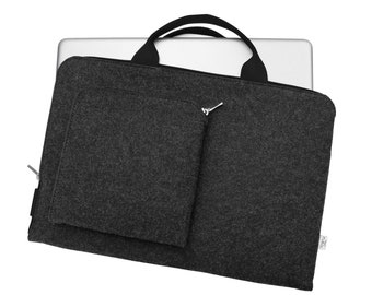 MACBOOK FELT SLEEVE dark gray laptop cover with handle and charger pocket black zipper all MacBooks models all laptops customisable