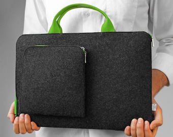 GREEN HANDLE Felt Laptop Sleeve MacBook Cover Dark Grey Felt Case Green Zipper All MacBook All Laptop Models Customisable Mac Pro 14, 16 M4