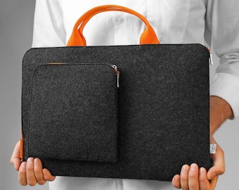 ORANGE HANDLE and Zipper Laptop Felt Sleeve MacBook Felt Cover with Pocket All Sizes All Laptop Models Customisable Handmade Case