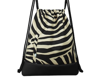 BACKPACK ZEBRA Drawstring Bag Vegan Hipster Sack Bag Two Zipper-Closed Pockets Cotton Strings Faux Leather Unique Gift