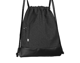 RUCKSACK Vegan Sack Tasche Turnbeutel Dunkelgrau mit Schwarz Eko Leder Sacktasche Hipster Rucksack mit zwei Reissverschluss Taschen